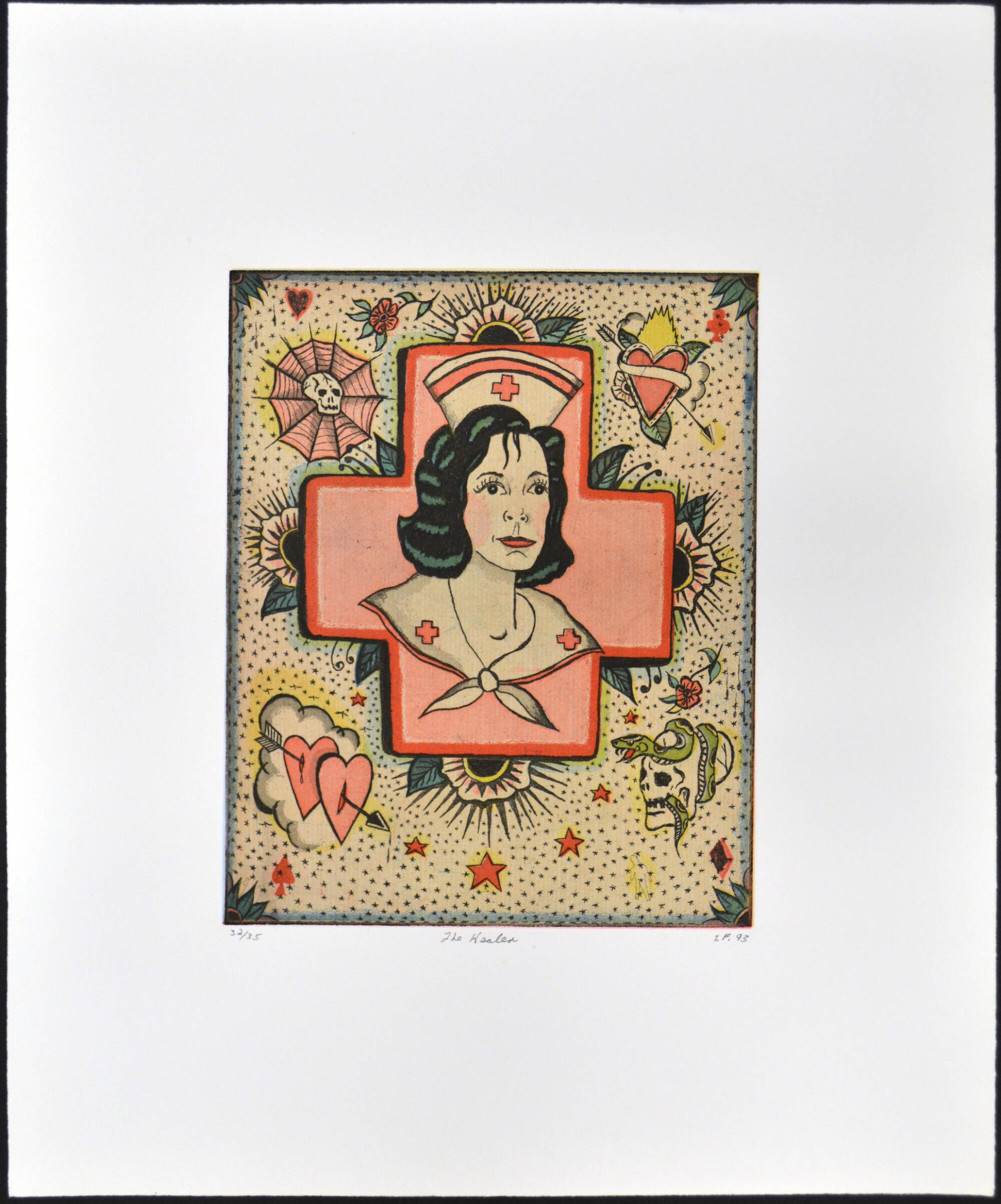 Etching with a drawing of a nurse in the middle of a medical cross.